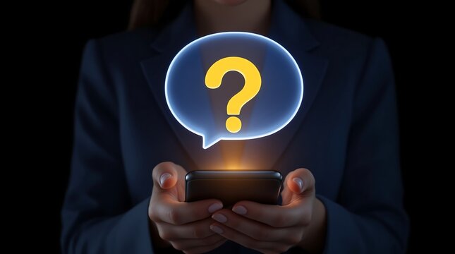 Ask questions online using mobile phone for help and support with question mark in speech bubble concept