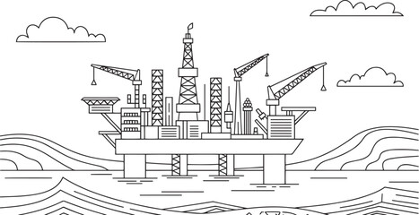 Offshore Oil Rig Platform Vector Illustration – Industrial Energy Extraction Line Drawing