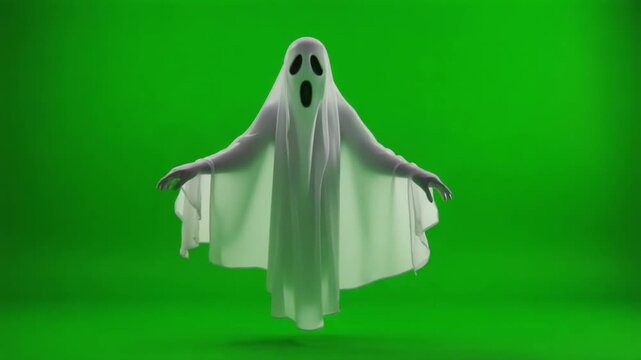 A white ghost costume floating with arms outspread against a bright green background studio shot halloween ghost green screen video
