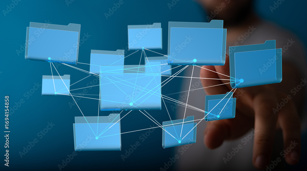 Poster abstract image of a network of interconnected digital files and folders. illustrates data management