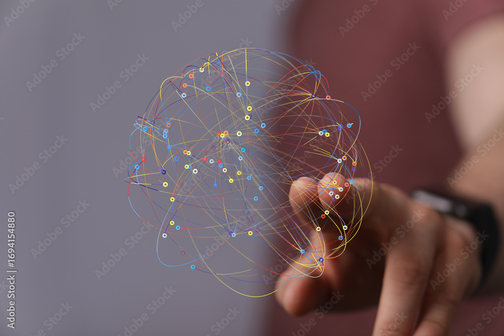 Poster abstract image of a hand interacting with a digital network. perfect for tech, data, and connectivit
