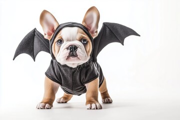 Cute French Bulldog in black bat costume poses playfully against a white background during a fun Halloween-themed photo shoot