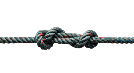 Thick braided rope with deep blues, muted reds, forest greens, subtle grays, prominent knots, and frayed ends on a transparent background, concept of strategic business solutions