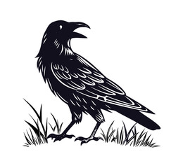 Fototapeta premium Crow or raven sitting on a branch isolated on white background vector illustration