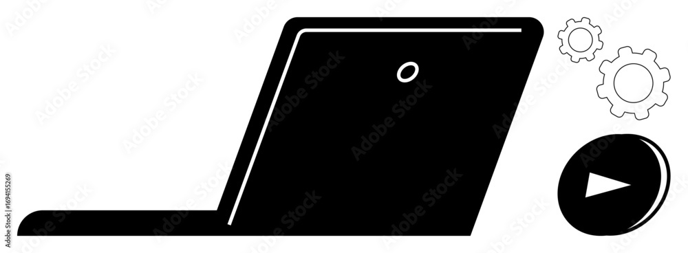 Poster open laptop next to gears and play button, symbolizing technology, automation, software development,