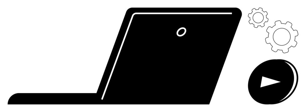 Open laptop next to gears and play button, symbolizing technology, automation, software development, and productivity. Ideal for tech education, system management, content creation, and a simple