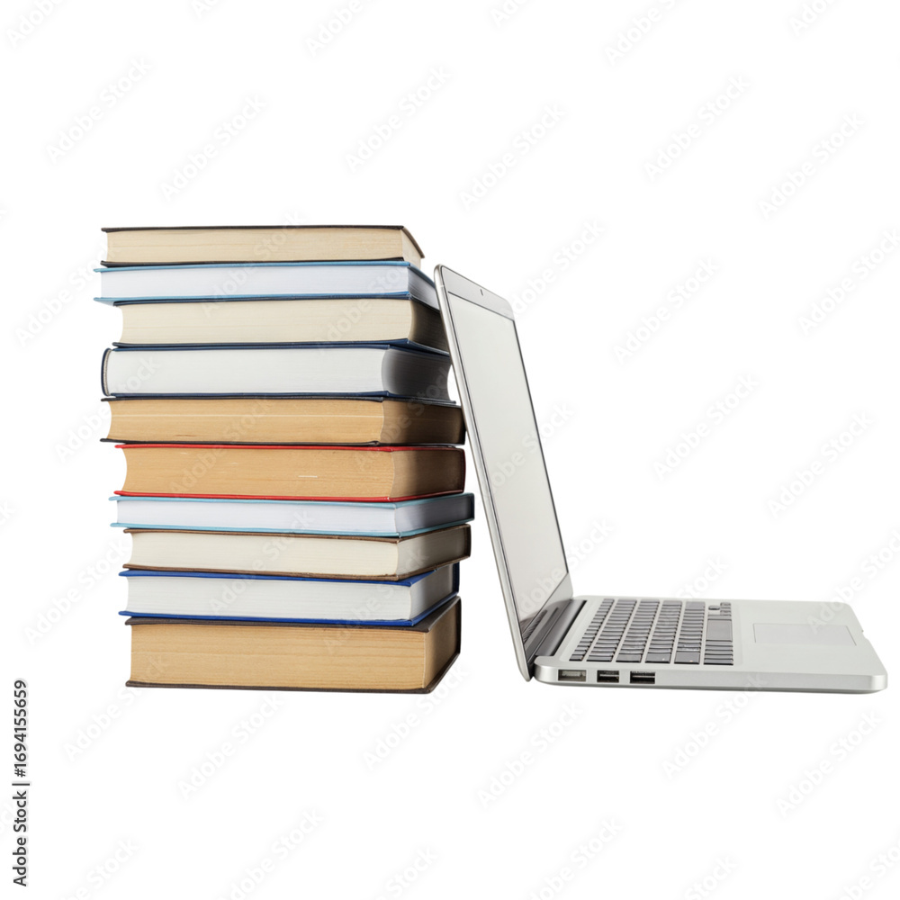 Poster stack of books leaning against an open laptop computer for digital learning and research transparent