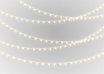 Fototapeta na wymiar Christmas garland string lights shining with bright bulbs, glowing seasonal star and holiday decoration png.