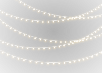 Christmas garland string lights shining with bright bulbs, glowing seasonal star and holiday decoration png.