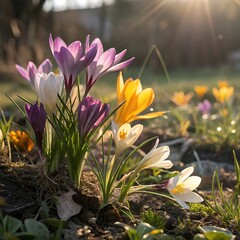 Colorful Crocus Flowers Blooming in Spring Sunlight in a Garden