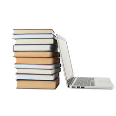 Stack of books leaning against an open laptop computer for digital learning and research transparent background