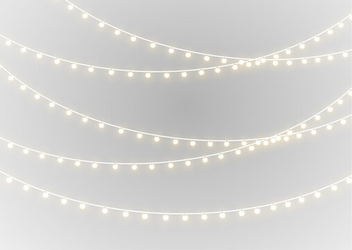 Christmas garland string lights shining with bright bulbs, glowing seasonal star and holiday decoration png.