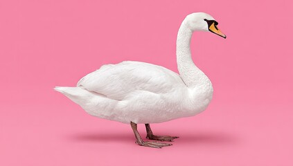 Elegant white swan against a vibrant pink backdrop, showcasing graceful posture and a simple, yet striking, composition.