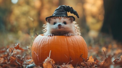 Cute hedgehog wearing a witch hat sits atop a pumpkin surrounded by autumn leaves in a forest during fall season