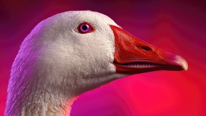 Close-up of a goose's head, showcasing detailed plumage and vibrant colors.