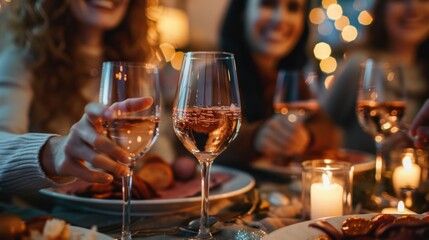 Obraz premium Friends Gathering with Toasting Glasses at Cozy Dinner Party