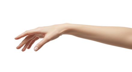 Well-cared light-skinned female hand, natural nude nails, graceful pose against transparent background with soft shadowless lighting, negative space, concept of natural beauty and self-care