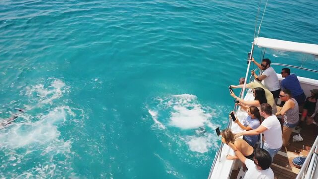 Tourists on a boat watching marine animals.