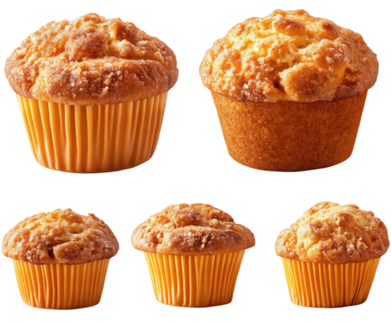 PNG,transparent background,no background,Delicious freshly baked muffins in bright yellow wrappers, perfect for breakfast, brunch, or a sweet treat any time of day