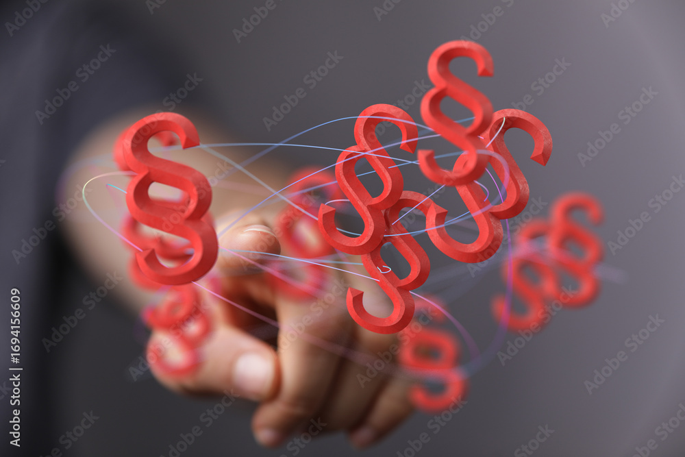 Poster abstract image of a hand interacting with floating 3d paragraph symbols, representing legal concepts