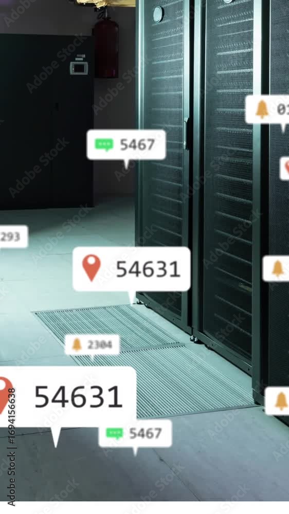 Poster animation of notification and numbers icons over data server racks