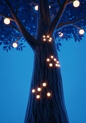 Mystical tree illuminated with glowing spheres against serene nocturnal backdrop displaying nature's embrace of light