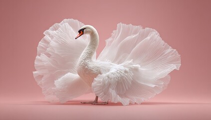 Elegant white swan with dramatic, pleated, flowing feathers against a soft pink backdrop.
