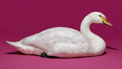 A pristine white swan reclines against a vibrant magenta background, showcasing its delicate plumage and elegant form.