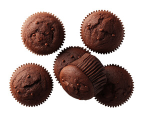 PNG,transparent background,no background,Delicious chocolate chip muffins arranged on white background, perfect for food blogs, bakery menus, and sweet treat presentations, ready to satisfy