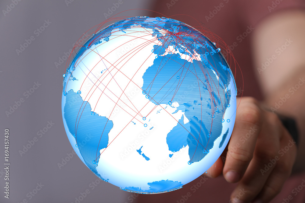 Poster high-tech image of a digital globe, illustrating global connectivity and data transfer.