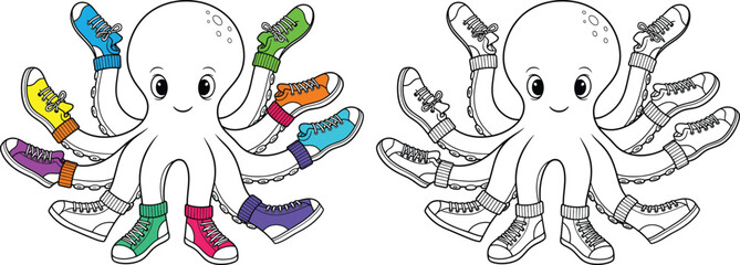 Adorable Octopus Wearing Colorful Sneakers and Socks Cartoon Outline for Kids Coloring Book