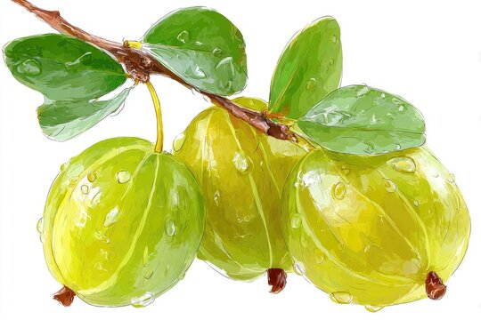 Fresh gooseberries on branch with water droplets