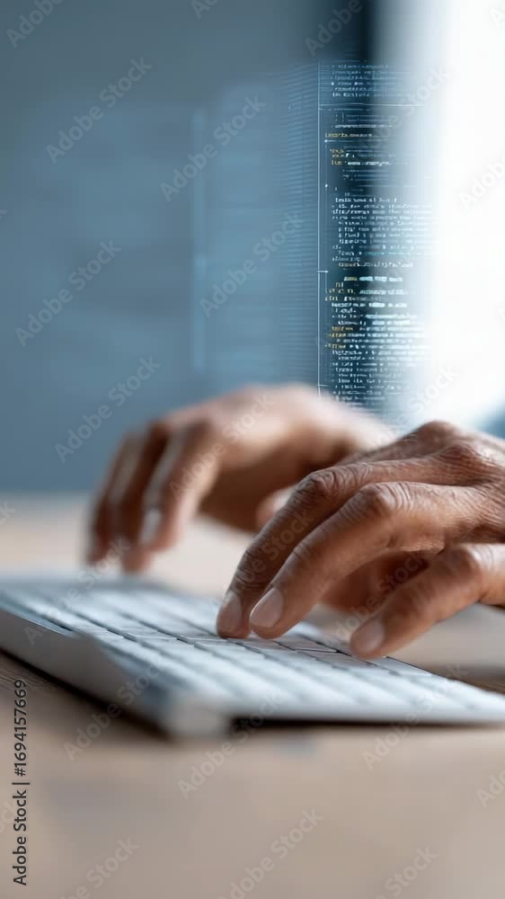 Aufkleber skilled developer typing code on white keyboard with futuristic data stream overlay, representing te