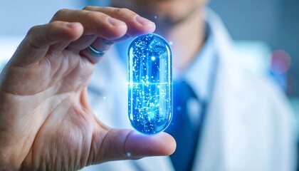 Doctor holding futuristic glowing medical capsule, biotechnology innovation concept