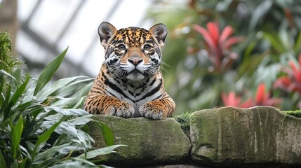 Jaguar Cub Resting on Wall in Botanical Garden