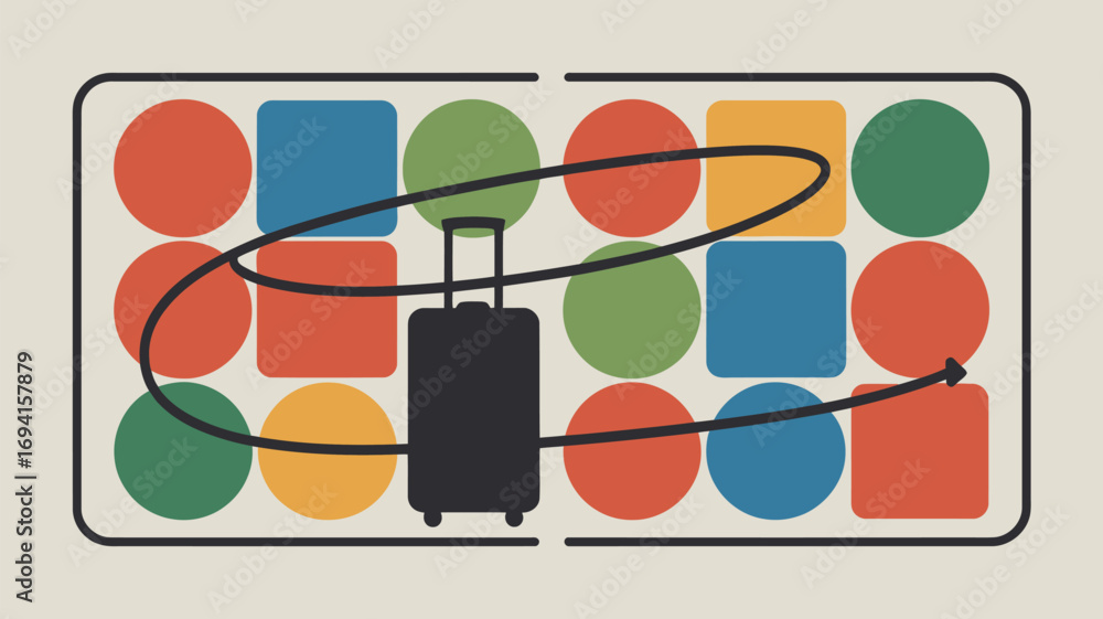 Poster a suitcase with a path drawn around it in front of a background of colorful shapes in a rectangle
