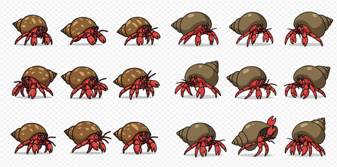 A sprite sheet of a cartoon red hermit crab with a brown shell, showing various animation frames for walking and other actions on a transparent background. © ArtLuna Studio