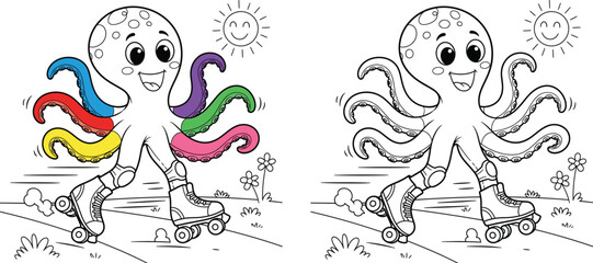 Obraz premium Cheerful Octopus on Roller Skates with Colorful Tentacles