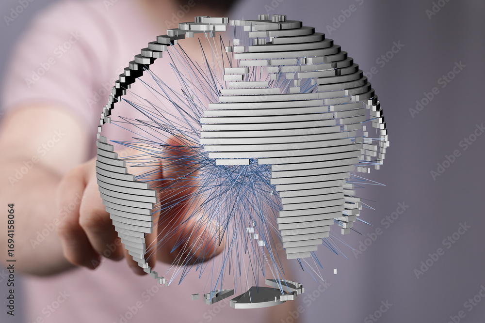 Poster person interacts with a 3d digital globe, showcasing global connectivity and networking.