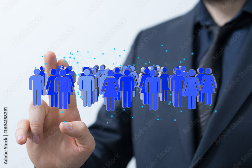 Poster image of a businessman interacting with a digital network of people, representing connection and tea