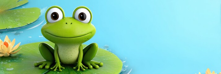 Fototapeta premium Friendly Frog Resting on a Lily Pad in a Serene Pond Setting During a Sunny Day