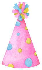 Watercolor Party Hat. Birthday and New Year Celebration Cone Hat Illustration