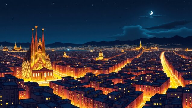 Panorama ilustrado de Barcelona de noche con edificios estilizados y luces brillantes de color amarillo suave y naranja c&aacute;lido