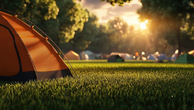 Close-up of a tent on green grass. In the background, there is an orange and blue camping site with tents and campers at sunset. - Powered by Adobe