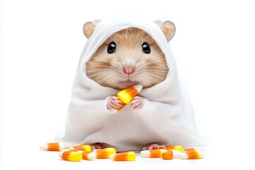 Hamster dressed in a spooky costume holds candy corn surrounded by scattered candy on a white background during autumn festivities