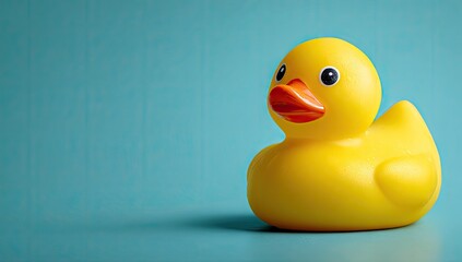 A vibrant yellow rubber duckling stands out against a soft teal backdrop.