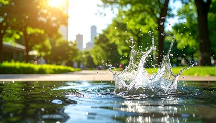 A water splash creates a crown-like shape in a puddle. Sunlight illuminates a green park with trees, grass, and a distant city skyline, suggesting a summer day