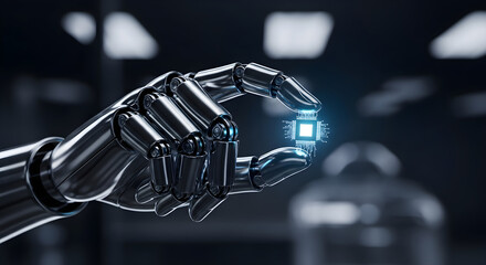 Robot hand holding glowing microchip technology