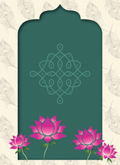 Durga Puja Invitation Background with Teal Arch Frame and Pink Lotus Floral Border for Navratri Sharodotsav Posters Flyers and Greetings