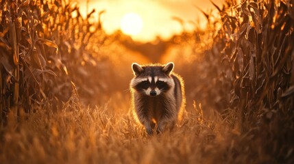 A raccoon walking through tall cornfield rows at sunset